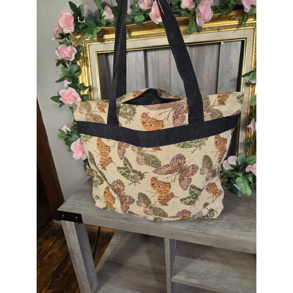 Vintage Bovano USA Butterfly Tapestry Tote Bag Zip Top Front Pocket Made in USA
